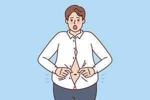 grasa hombre con grande barriga es molesto a botón arriba pequeño camisa y es gritando en emoción a siendo exceso de peso. exceso de peso chico necesidades ayuda de nutricionista o aptitud entrenador a obtener eliminar de exceso peso. vector