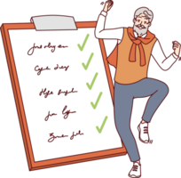 Elderly man completed all tasks and dancing near giant clipboard with list of goals and checkmarks png