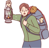 Man is engaged in hiking and carries large backpack on back, holding kerosene lantern to light way in dark png