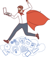 Business man in superhero cape holds laptop and rejoices at team corporate achievements png