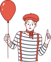 Mime man holding red balloon and pointing finger up, participating in pageant or circus png