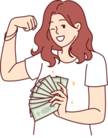 Rico mujer con efectivo dinero en manos muestra bíceps y guiños, ofrecimiento a ganar bien png