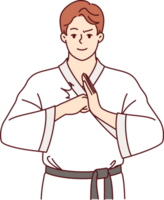 uomo combattente nel karatè o taekwondo Abiti fa accogliente gesto per invitare avversario per inizio combattimento png