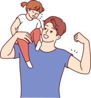 Strong father holds daughter on shoulder and shows biceps to instill in child confidence in security png