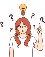 poco ragazza con leggero lampadina sopra testa dice eureka e punti su indicando presenza di idea png