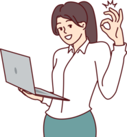 Business woman CEO of company stands with laptop in hands and shows OKAY gesture png