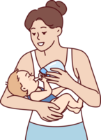 joven madre alimenta infantil desde botella utilizando artificial bebé comida debido a enfermedad hipogalactia png