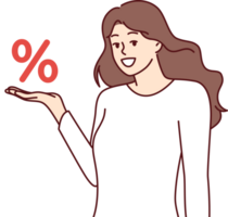 vrouw demonstreert percentage teken, symboliseert bank laag interesseren in uitgeven lening png