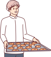 Man pastry chef is holding tray of cookies, dressed in white chef shirt and disposable hair cap png