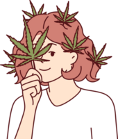 Frau mit Cannabis Blütenblätter auf Gesicht und Haar Anrufe zum Legalisierung von Marihuana zum medizinisch Zwecke png