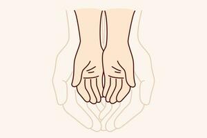 Hands of adult and child symbolize unity of different generations and care for children. Touching comparison of size of hands of father and son experiencing affection or trust in family vector