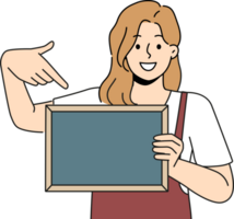 Woman waiter is holding chalkboard with copy space for drawing menu cafe or restaurant png