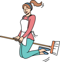 content femme mouches sur balai et sourires, pour concept de joie de Faire travaux ménagers et nettoyage appartement png