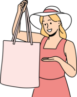 kvinna innehar textil- väska rekommenderar till vägra plast disponibel paket för handla png
