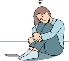 Sad woman is waiting for phone call, sitting on floor and suffering from loneliness or lack friends png