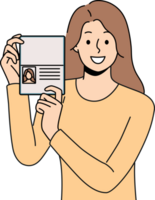 mujer demuestra pasaporte, alegría a recepción primero carné de identidad documento o nuevo ciudadanía png