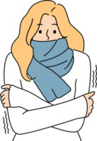 Freezing woman with scarf around neck is shivering from cold and needs warm clothes png