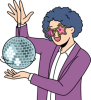 Funny man with disco ball with curly wig on head came to nightclub or dance floor to have fun png