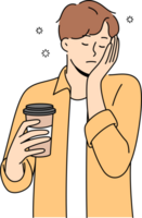 Sleepy man with disposable cup of coffee feels exhausted and lacks strength due to lack of sleep png