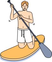 Man rides sup board with oar in hands and smiling looks at screen, encouraging exercise water sports png