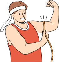 Strong man shows biceps and uses measuring tape to check size of muscles on arm. png