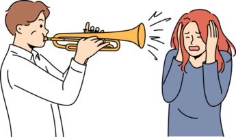 homme pièces trompette près femme couvrant oreilles, pour concept trompette manquer de de musical Talent png