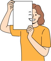Smiling woman holding piece of paper with emoji in front of face and looking at screen png