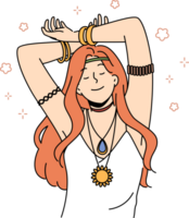 hippie donna con amuleto e bracciali su mani si chiude occhi, lentamente balli con mani su png