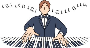 uomo maestro giochi pianoforte con occhi chiuso e esegue classico composizioni nel sinfonia orchestra png