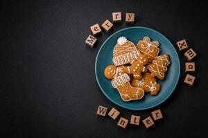 Beautiful Christmas composition with copy space with an inscription in wooden cubes photo