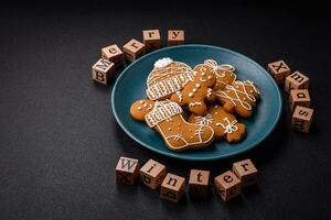 Beautiful Christmas composition with copy space with an inscription in wooden cubes photo