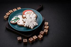 Beautiful Christmas composition with copy space with an inscription in wooden cubes photo