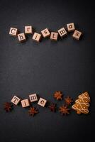 Beautiful Christmas composition with copy space with an inscription in wooden cubes photo