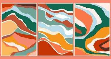 A set of posters with abstract landscapes. Bright stripes, geometric shapes. Vector graphics.