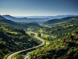 ai generado un la carretera devanado mediante un lozano verde bosque foto