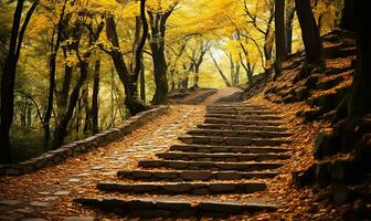 AI generated the enchanting scene of concrete stairs covered with yellow fallen leaves in an autumn park photo