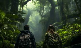 AI generated eco-tourists exploring a lush rainforest photo
