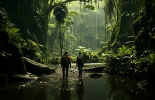 AI generated eco-tourists exploring a lush rainforest photo