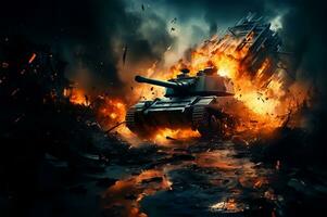 AI generated an armored tank firing on a battlefield during a war photo