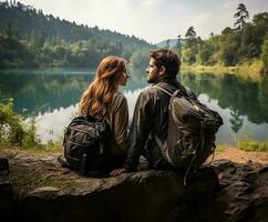 AI generated couple of lovers enjoying their travel through the beautiful nature lake photo