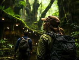 AI generated eco-tourists exploring a lush rainforest photo