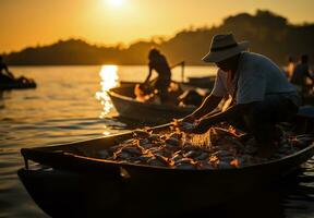 AI generated fishing community actively engaged in sustainable fishing methods photo