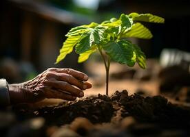 ai generado mano suavemente conmovedor un verde planta hoja en un yarda foto