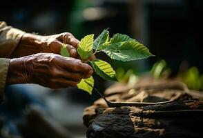 ai generado mano suavemente conmovedor un verde planta hoja en un yarda foto