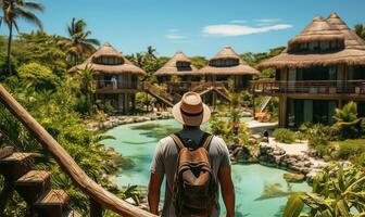 AI generated tourist exploring an eco-friendly resort known for its energy-efficient amenities photo