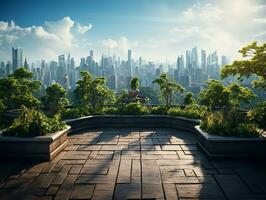 AI generated rooftop gardens set against the backdrop of a stunning city skyline photo