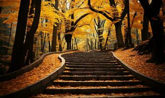 AI generated the enchanting scene of concrete stairs covered with yellow fallen leaves in an autumn park photo