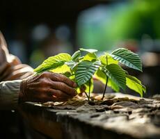 ai generado mano suavemente conmovedor un verde planta hoja en un yarda foto