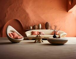 AI generated Japandi style home interior with a curved sofa photo