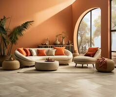 AI generated Japandi style home interior with a curved sofa photo